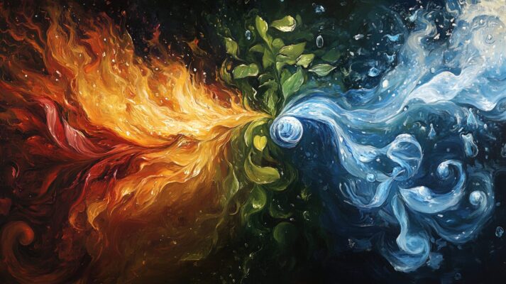 This is a vibrant, abstract painting that depicts the interplay of the four classical elements: fire, water, earth, and air. The left side of the image radiates with intense reds, oranges, and yellows